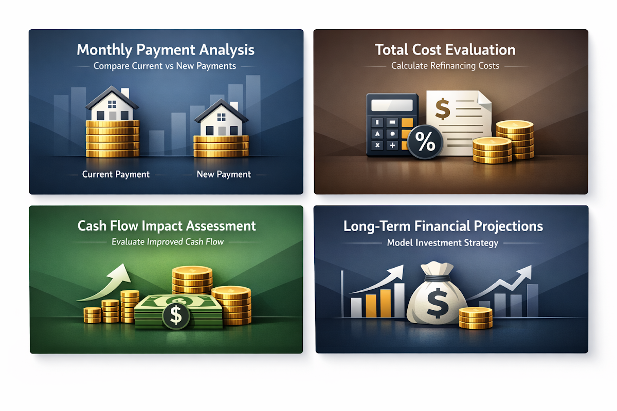 Visualizing refinancing potential savings with analysis on monthly payments, costs, cash flow, and long-term projections.