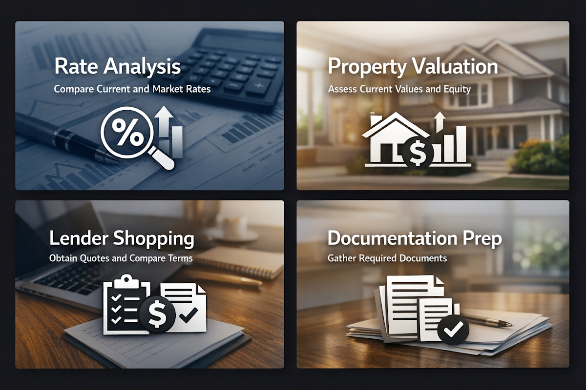 Step-by-step refinancing process for maximum savings including rate analysis, property valuation, lender shopping, and documentation preparation.
