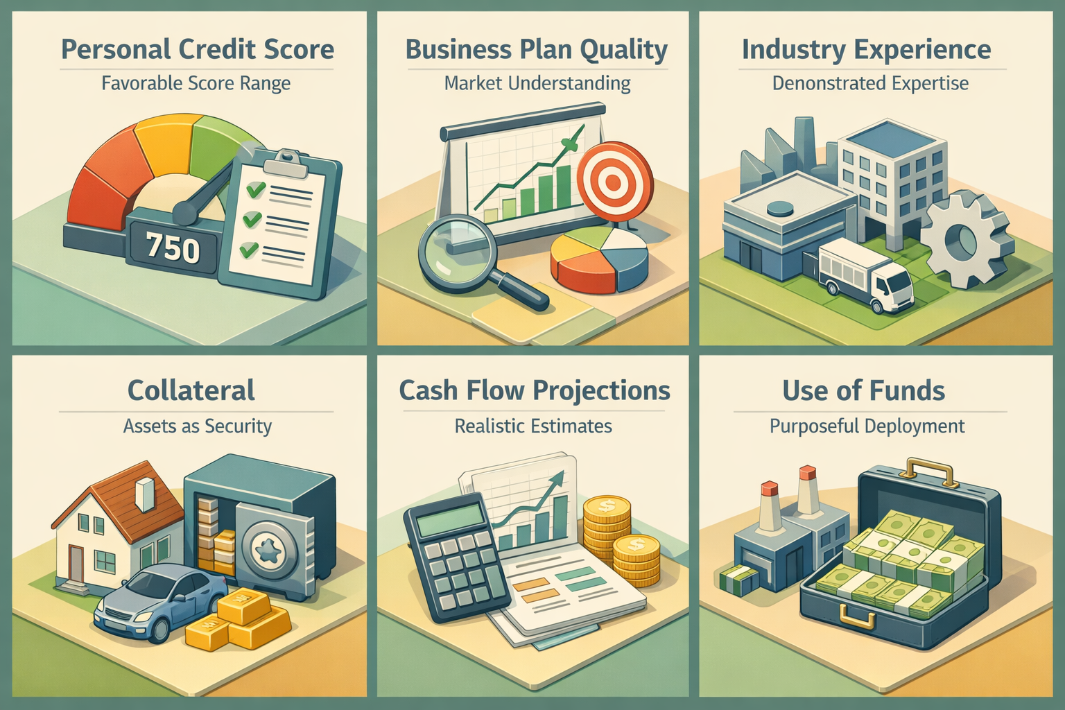 Factors lenders evaluate for drone mapping startup loans including credit score, business plan, experience, collateral, cash flow, and fund usage.