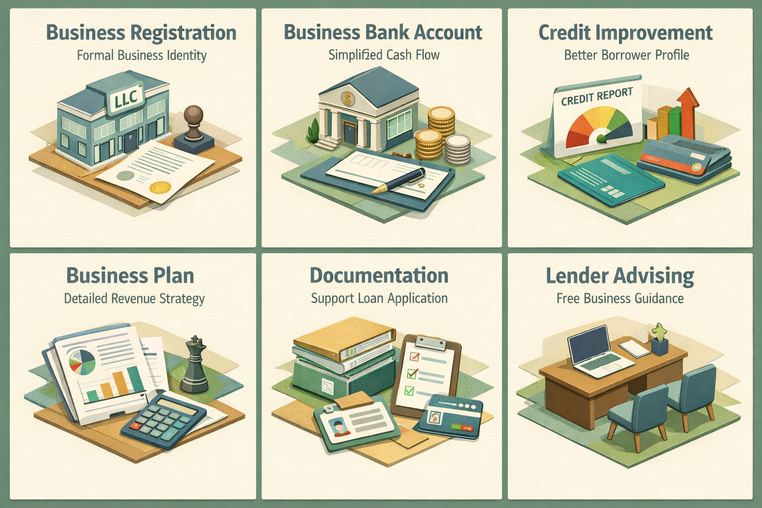 Visualizing steps to strengthen a loan application for mobile bartenders including business registration and documentation.
