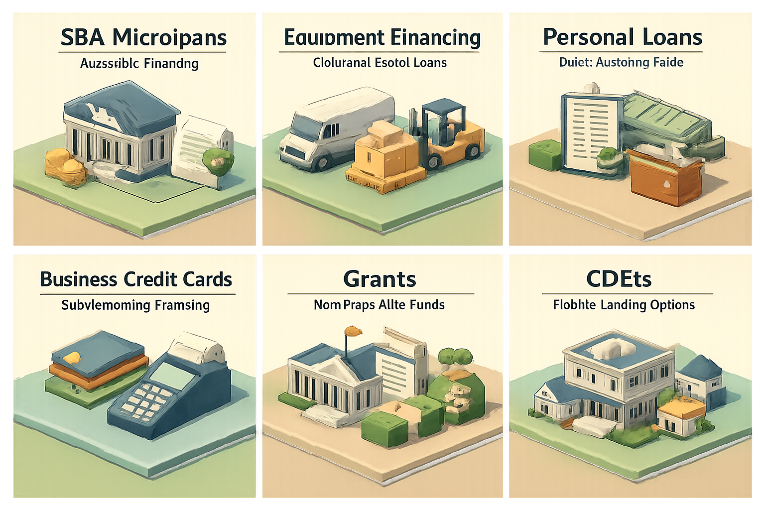 Infographic comparing SBA Microloans, Equipment Financing, Personal Loans, Business Credit Cards, Grants, and CDFIs for startup funding.