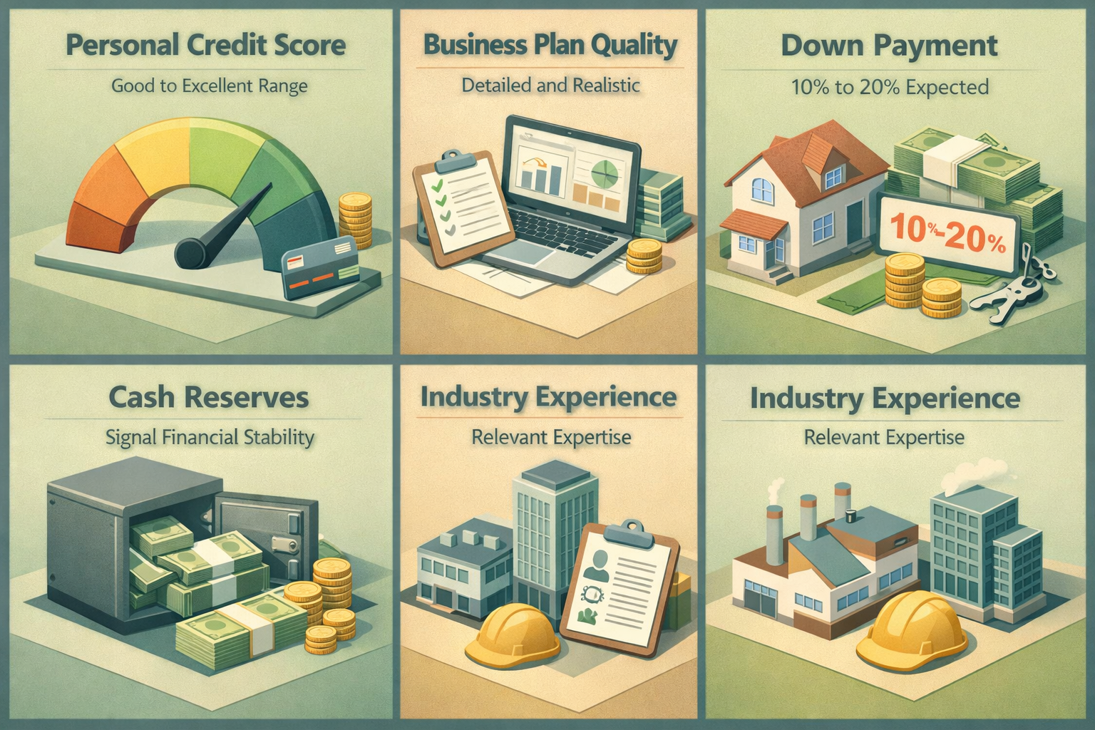 Factors lenders evaluate for dog grooming startup loans: personal credit score, business plan quality, down payment, cash reserves, industry experience.