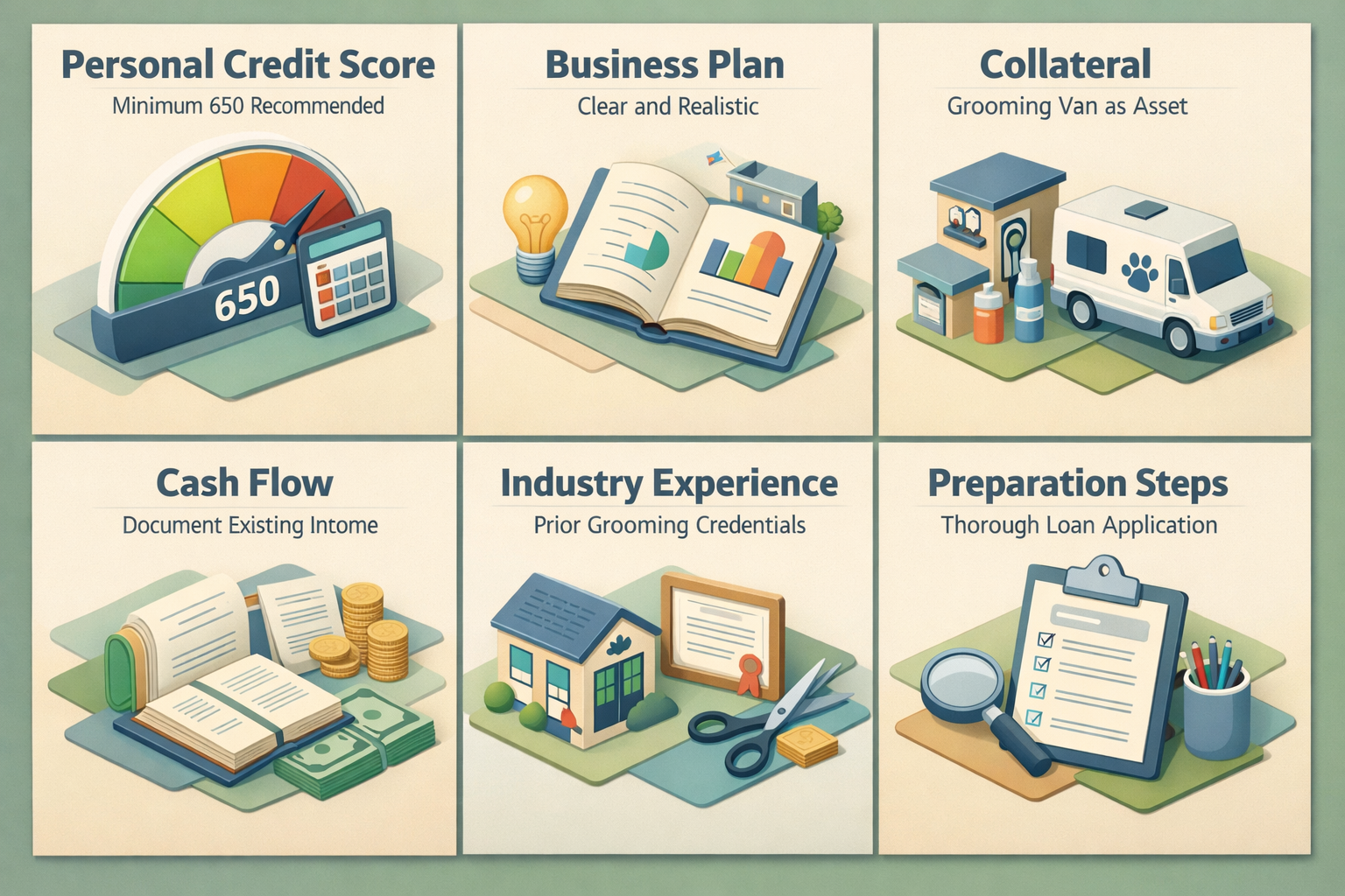 Infographic detailing factors lenders evaluate for startup loan applications including credit score, business plan, and collateral.
