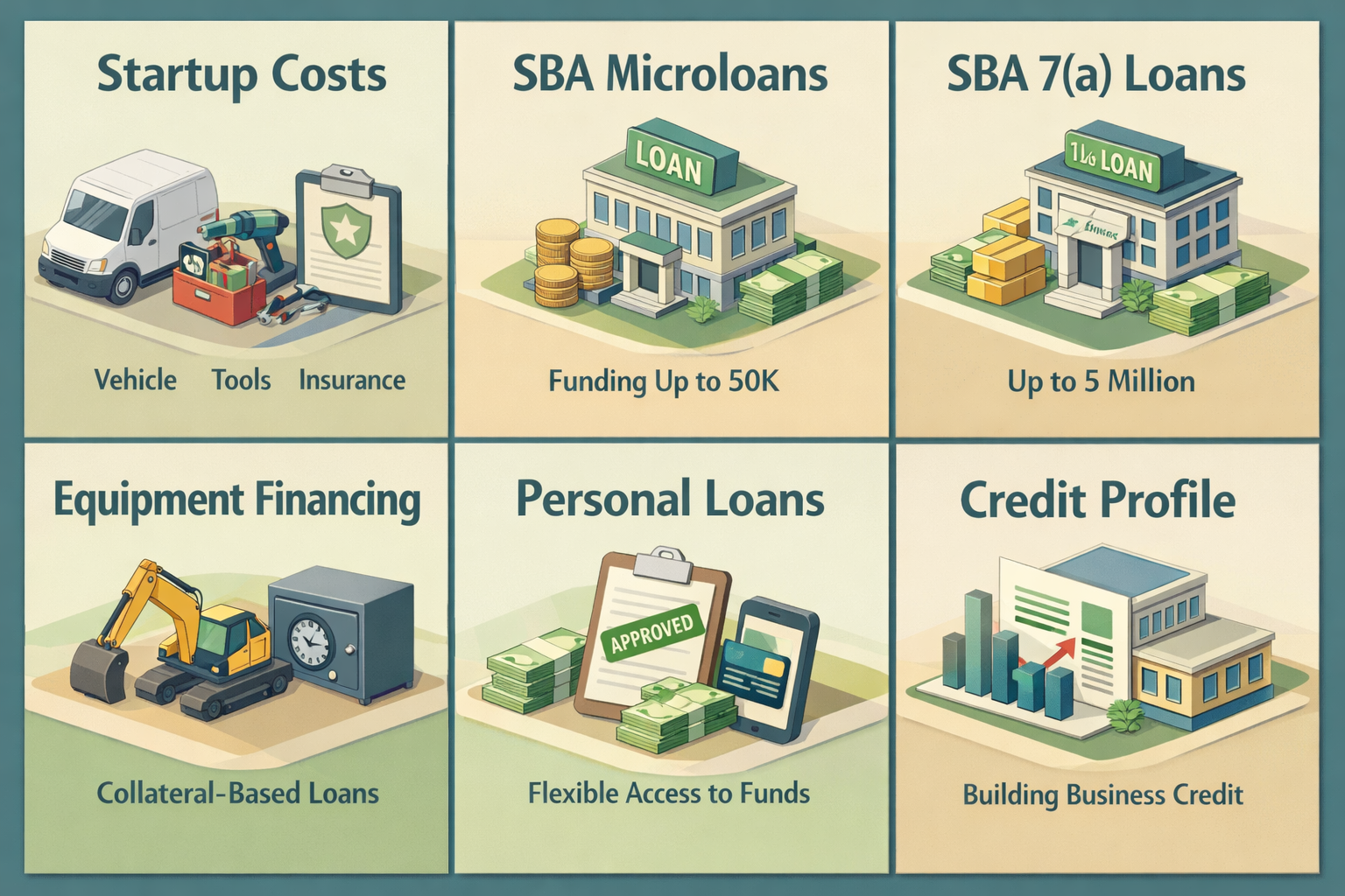 Infographic showing startup costs, loan options like SBA Microloans, SBA 7(a) Loans, equipment financing, personal loans, and credit profile building.