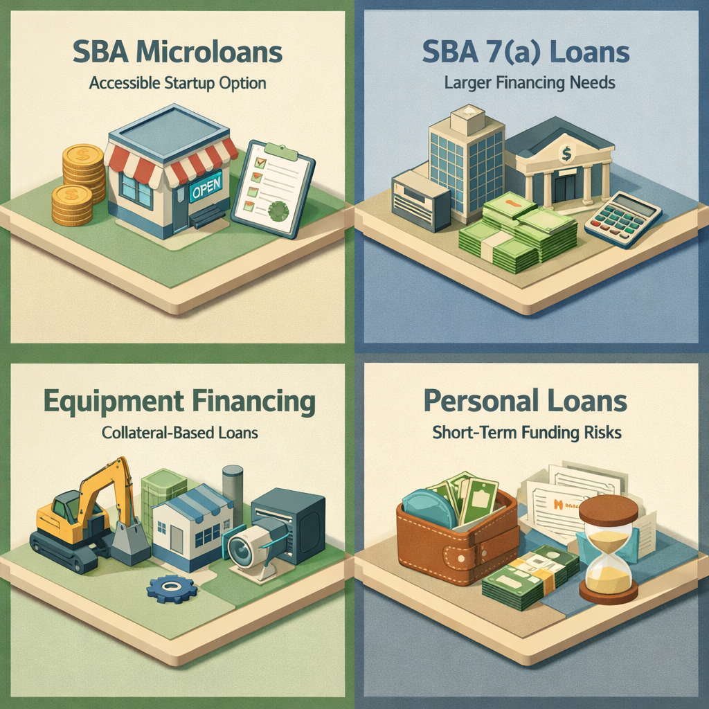 Infographic showing startup loan options for freelance mobile mechanics, including SBA Microloans, SBA 7(a) Loans, Equipment Financing, and Personal Loans.