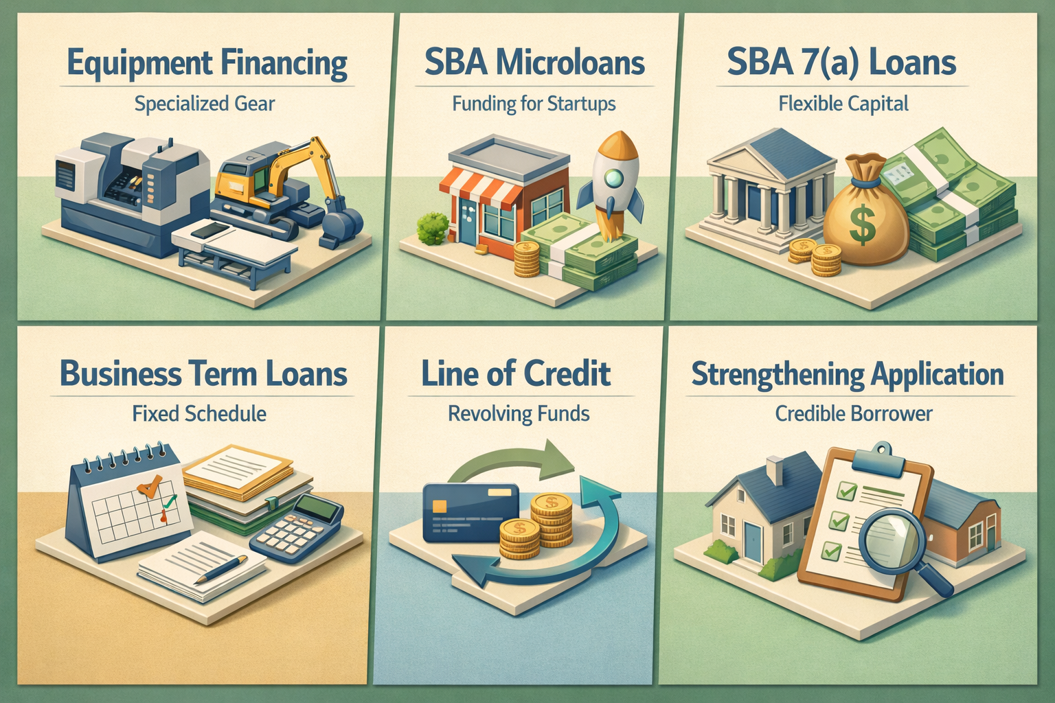 Infographic on financing options for mobile mechanics, covering Equipment Financing, SBA Microloans, SBA 7(a) Loans, Business Term Loans, Line of Credit, and strengthening loan applications.