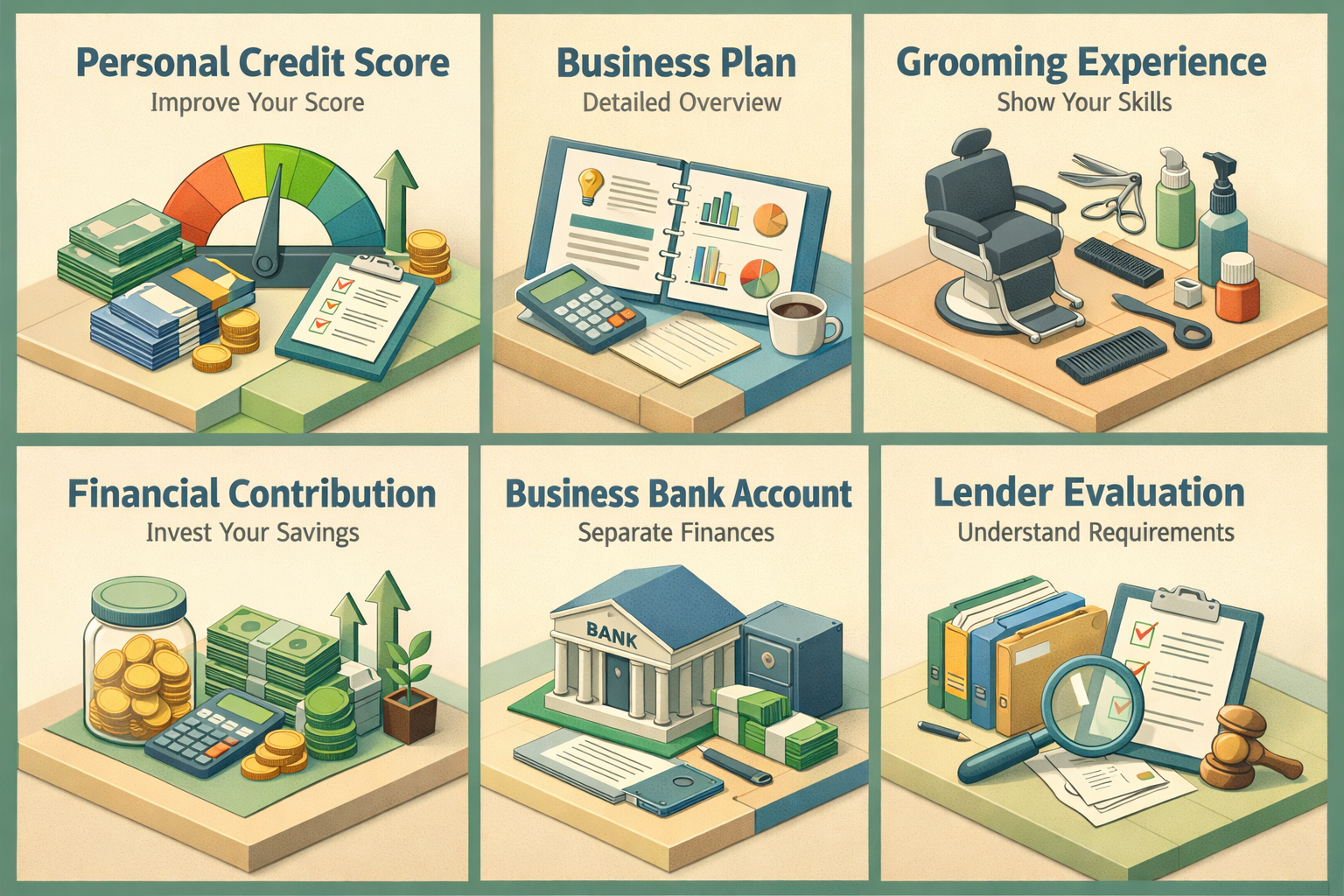 Infographic showing steps to strengthen financial profile for startup loan options including credit score, business plan, and lender evaluation.