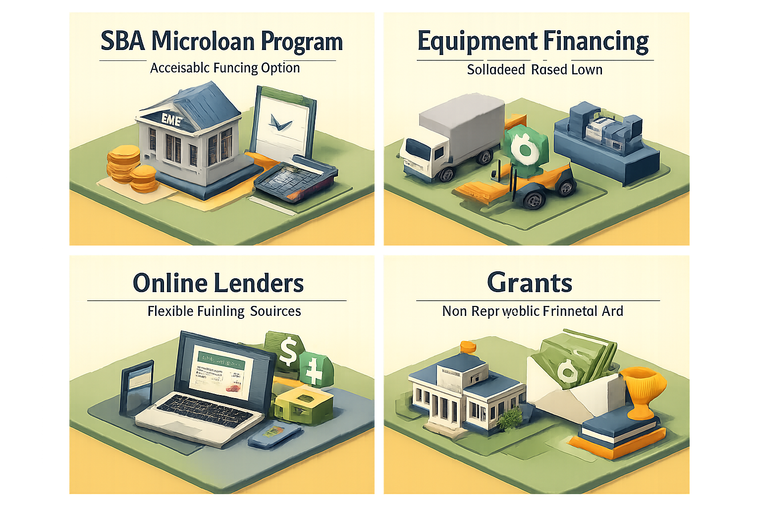 Infographic showing SBA Microloan Program, Equipment Financing, Online Lenders, and Grants for startup funding options.