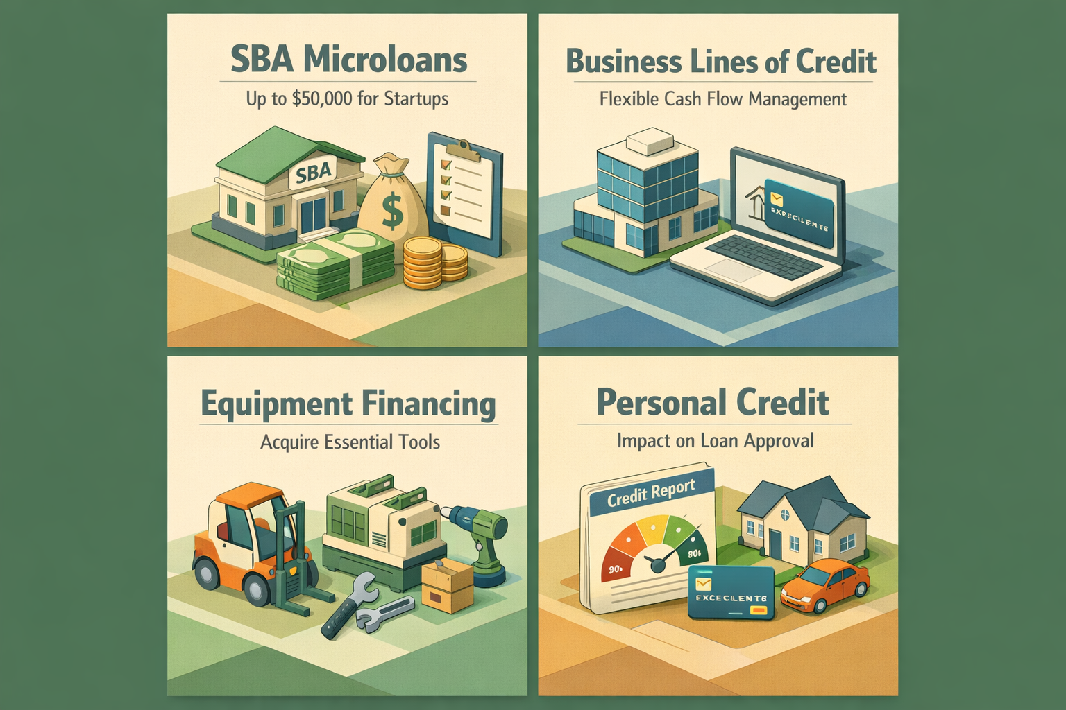Infographic illustrating SBA Microloans, Business Lines of Credit, Equipment Financing, and Personal Credit for mobile tailoring businesses.