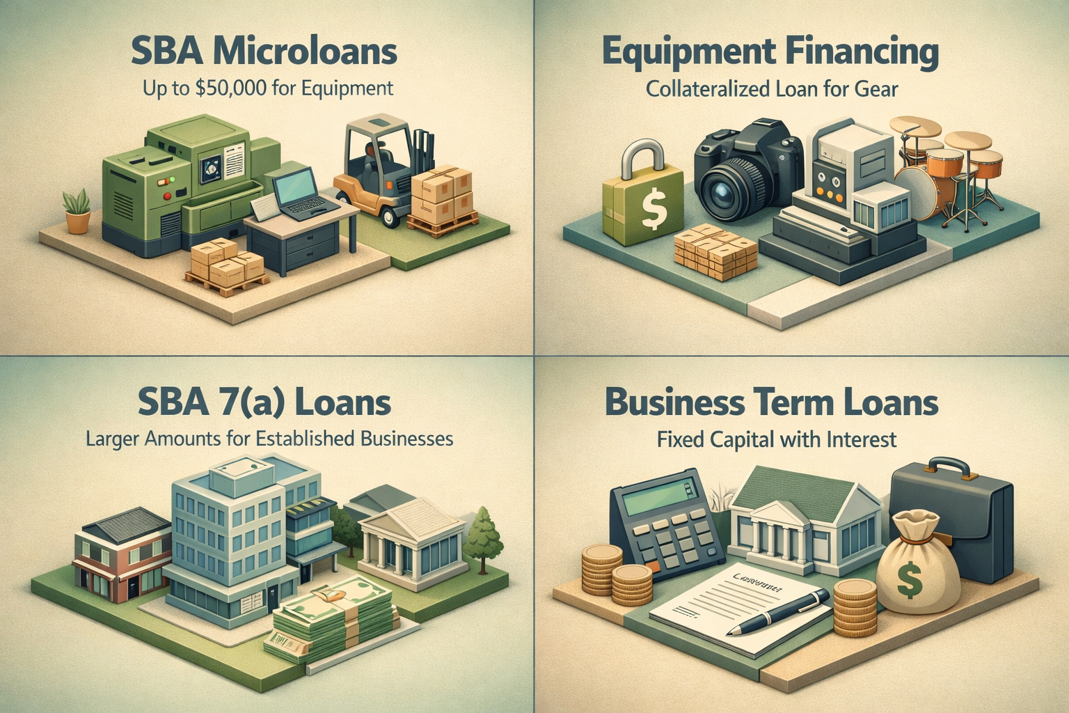 Infographic detailing startup loan options for freelance photographers including SBA Microloans, Equipment Financing, SBA 7(a) Loans, and Business Term Loans.