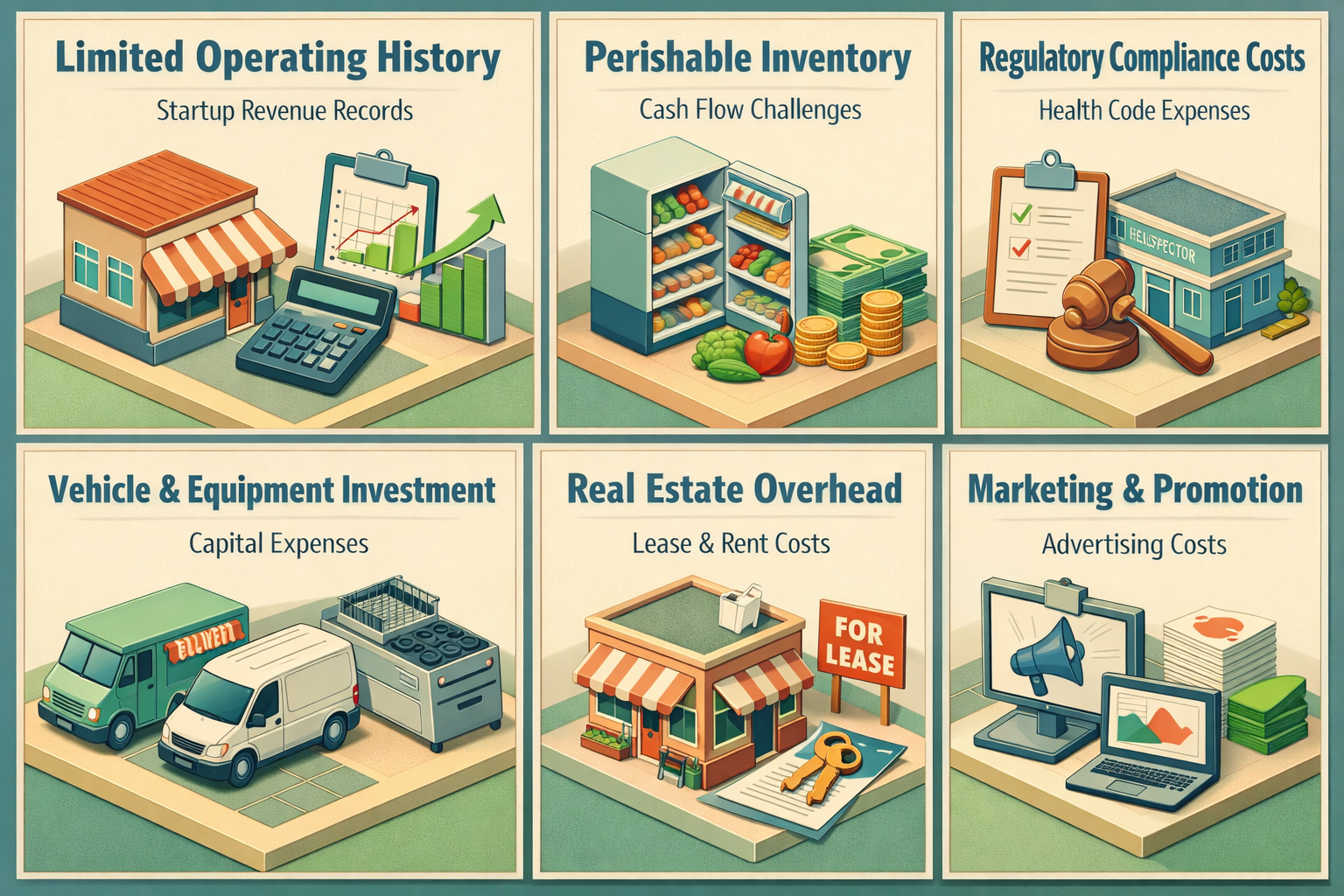 Infographic illustrating challenges for mobile artisanal cheese businesses including operating history, inventory, compliance costs, and equipment investment.