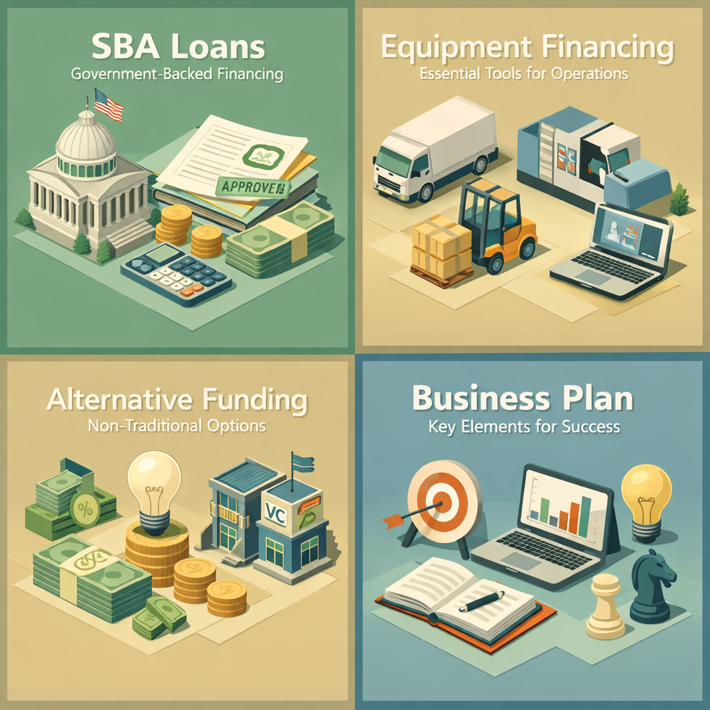 Infographic showing SBA loans, equipment financing, alternative funding options, and business plan essentials for artisanal cheese shops.
