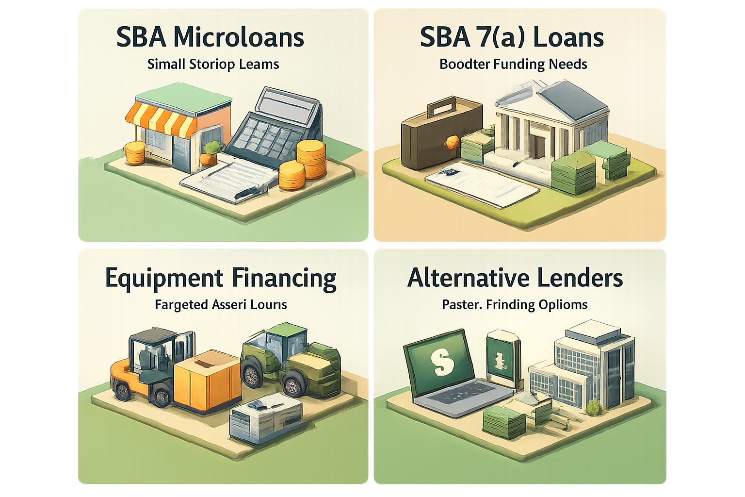 Infographic showing SBA Microloans, SBA 7(a) Loans, Equipment Financing, and Alternative Lenders for mobile dog grooming startups.