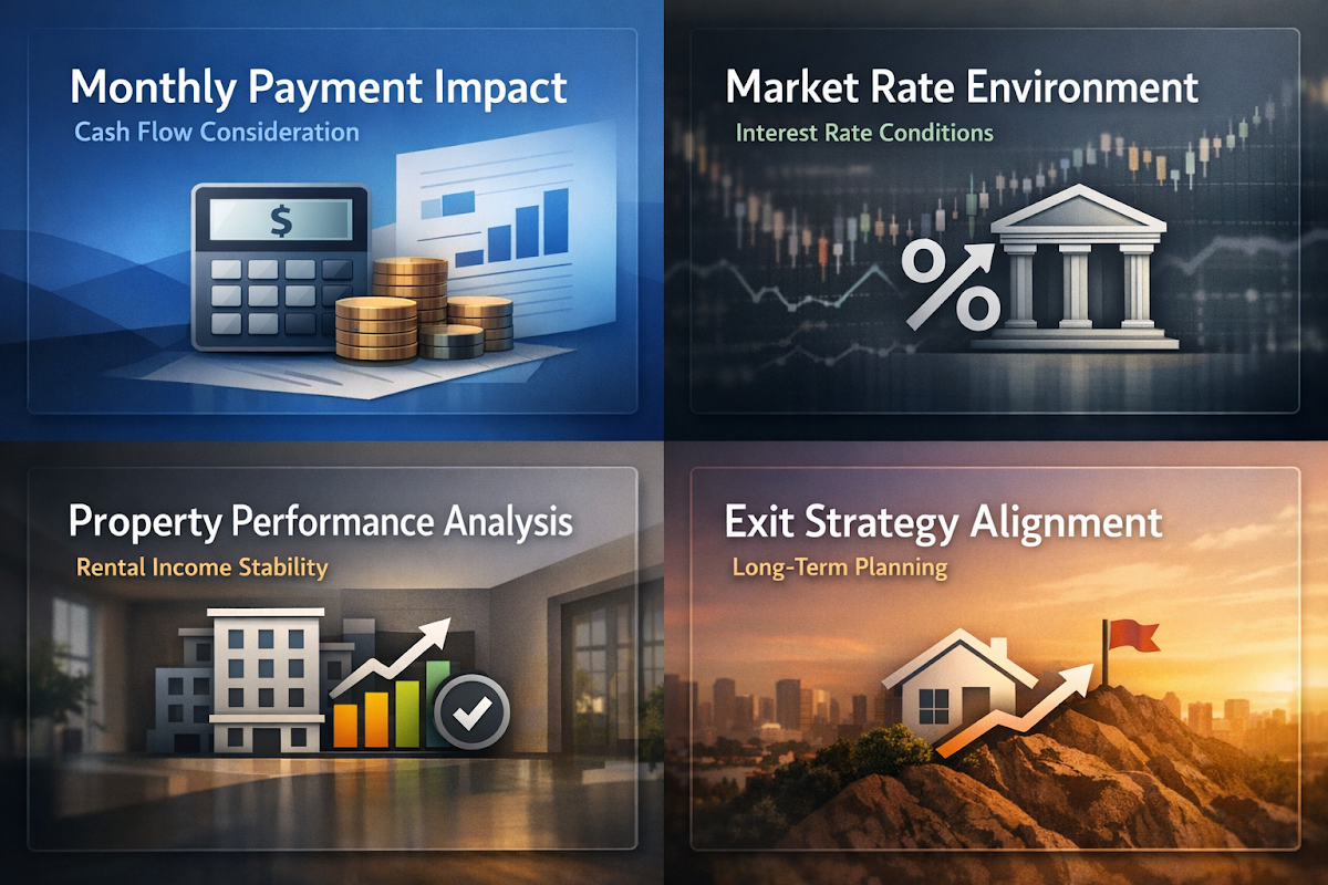 Key considerations for refinancing investment properties include monthly payment impact, market rate environment, property performance, and exit strategy.