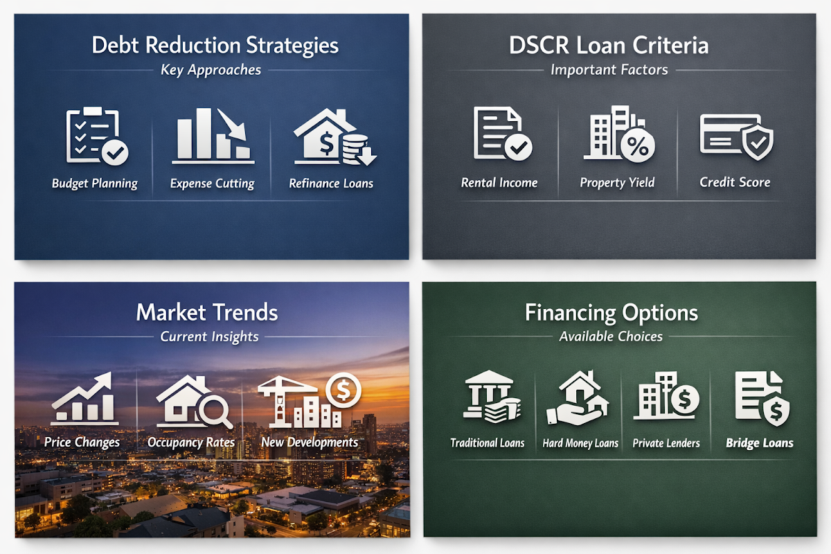 Visual representation of debt reduction strategies, DSCR loan criteria, market trends, and financing options for real estate investors.