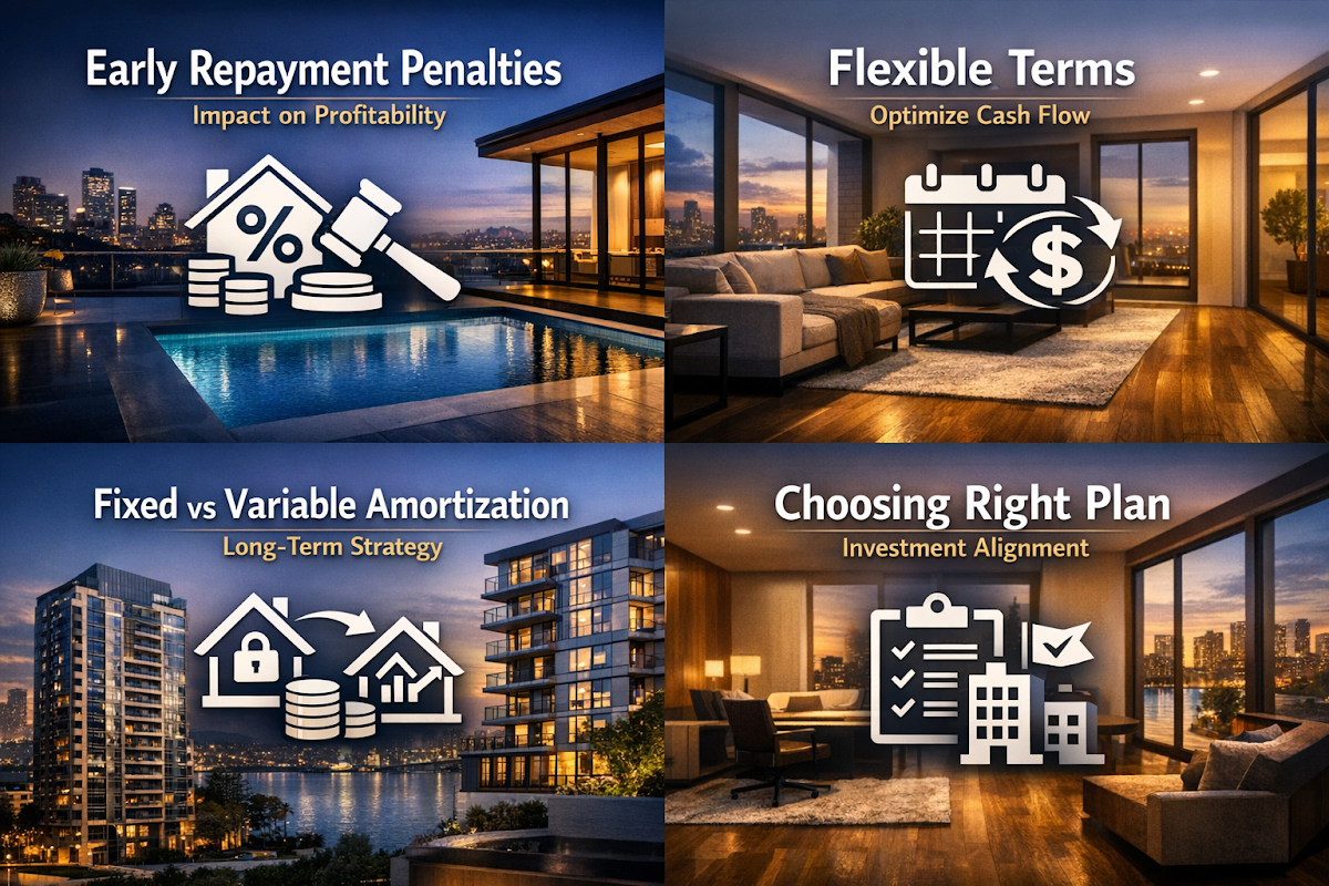 Visual representation of early repayment penalties, flexible repayment terms, fixed vs variable amortization, and choosing the right plan.