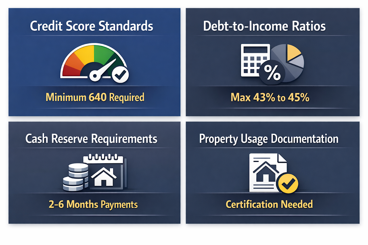 Visual guide on vacation home mortgage requirements including credit score, DTI ratios, cash reserves, and property usage documentation.