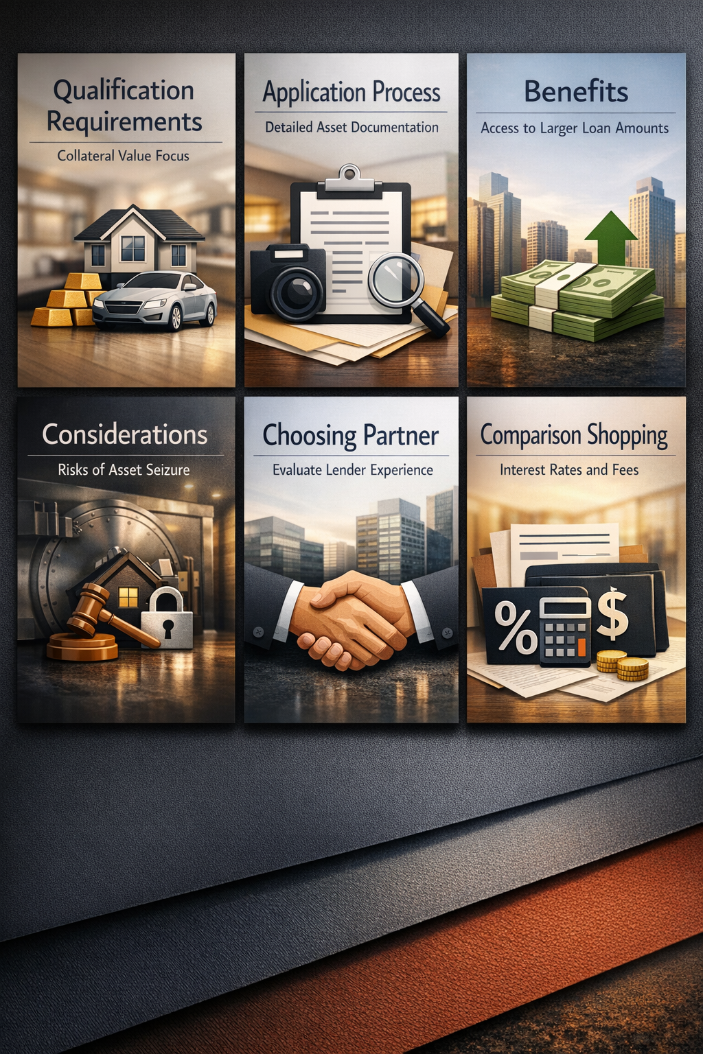 Visual breakdown of asset-based lending qualification, application process, benefits, considerations, partner selection, and comparison shopping.