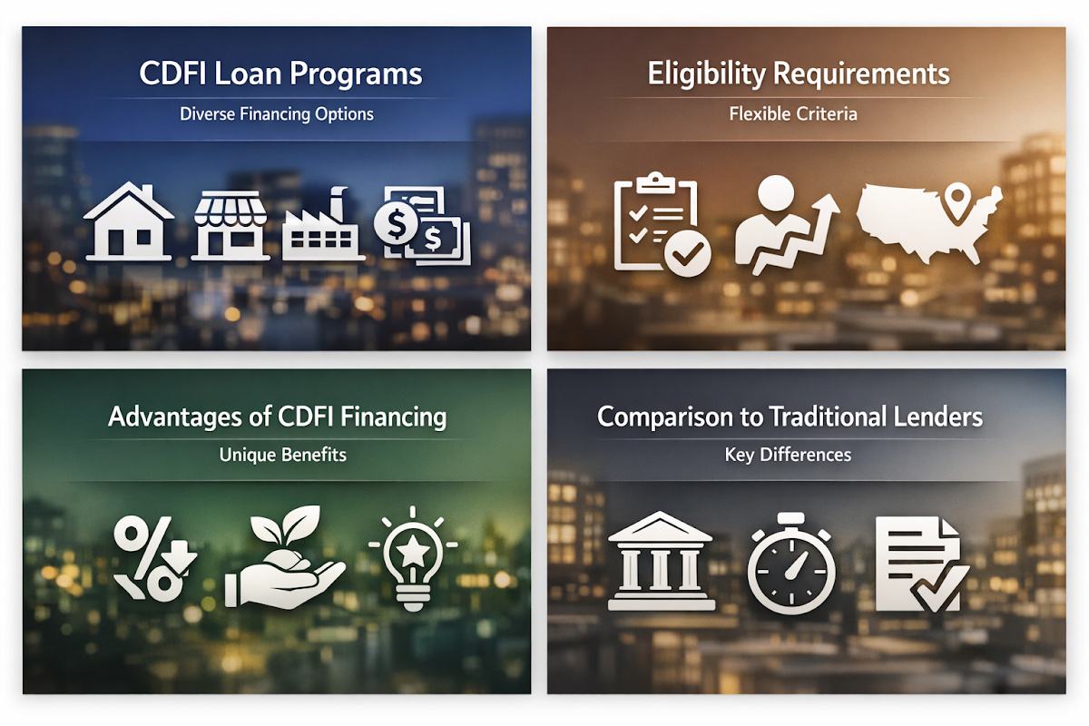 Infographic comparing CDFI loan programs, eligibility requirements, advantages, and differences from traditional lenders.