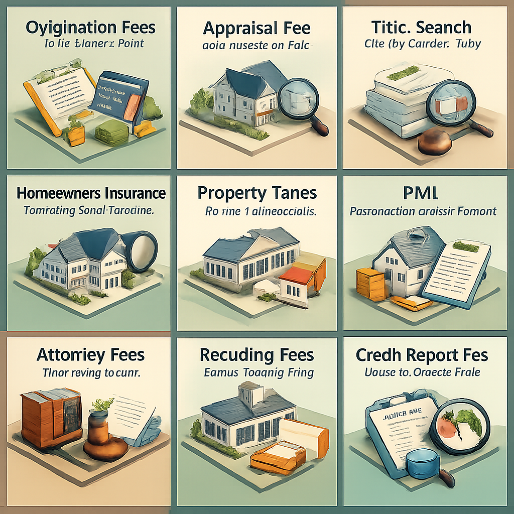 Infographic detailing common closing costs for conventional loans including fees for origination, appraisal, title search, and more.