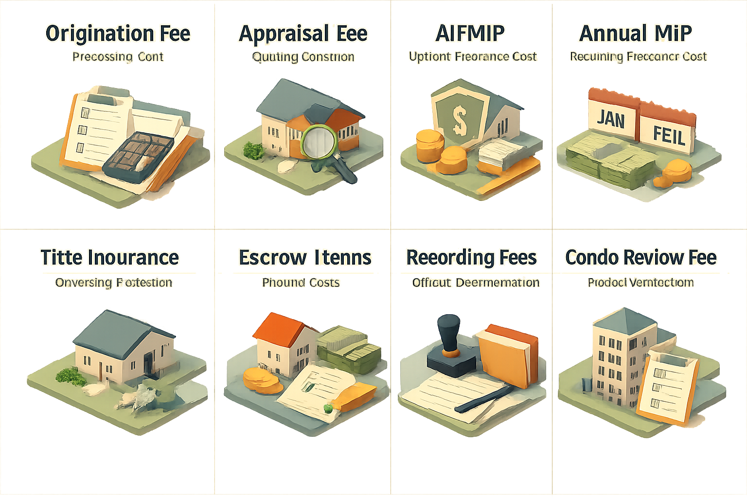Infographic detailing standard FHA closing costs for condo buyers including origination fee, appraisal fee, and title insurance.