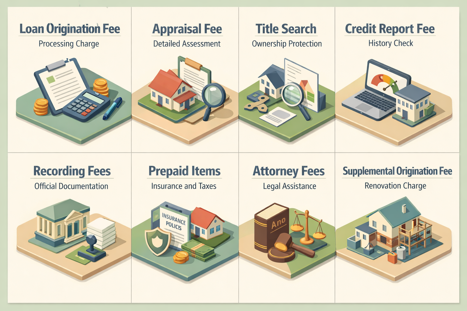 Infographic detailing common closing costs for FHA renovation loans including origination, appraisal, title, and attorney fees.