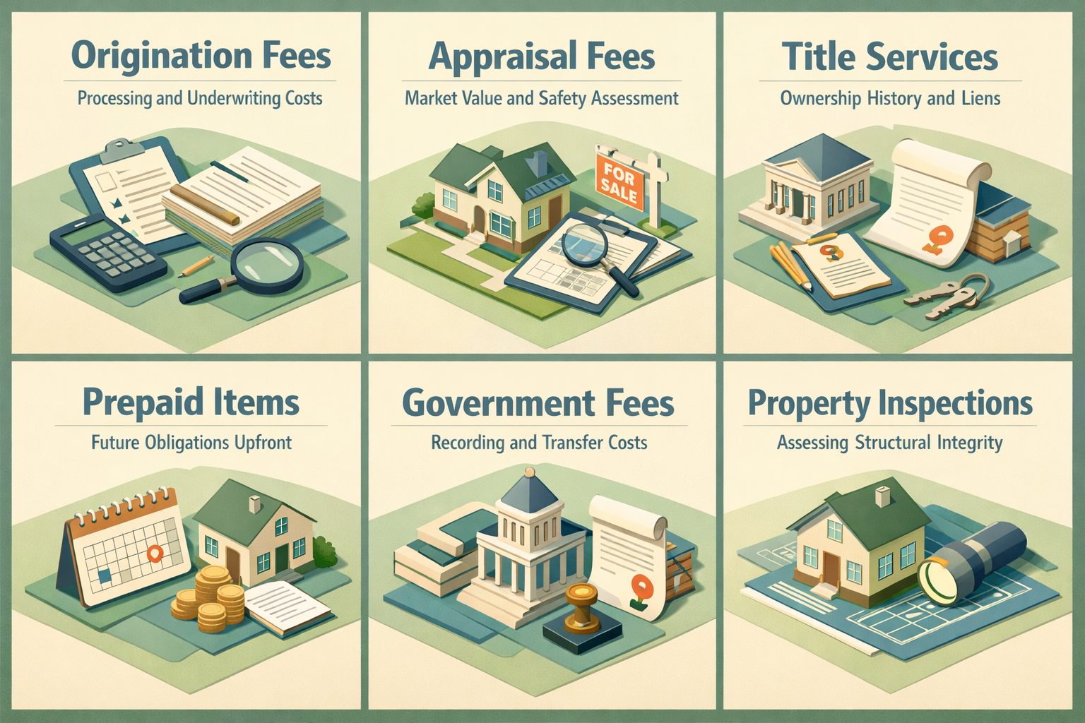 Infographic detailing FHA loan closing costs for multi-family properties, including origination fees, appraisal fees, title services, prepaid items, government fees, and property inspections.