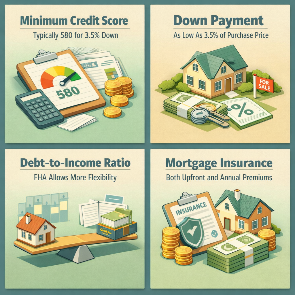 Infographic showing FHA loan requirements including credit score, down payment, debt-to-income ratio, and mortgage insurance details.