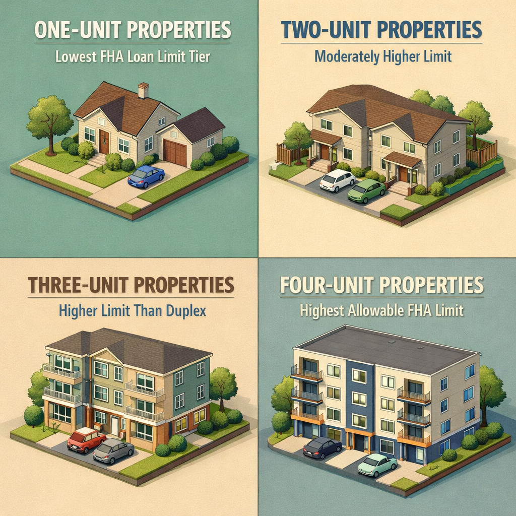Infographic showing FHA loan limits for one-unit, two-unit, three-unit, and four-unit properties with relevant details.