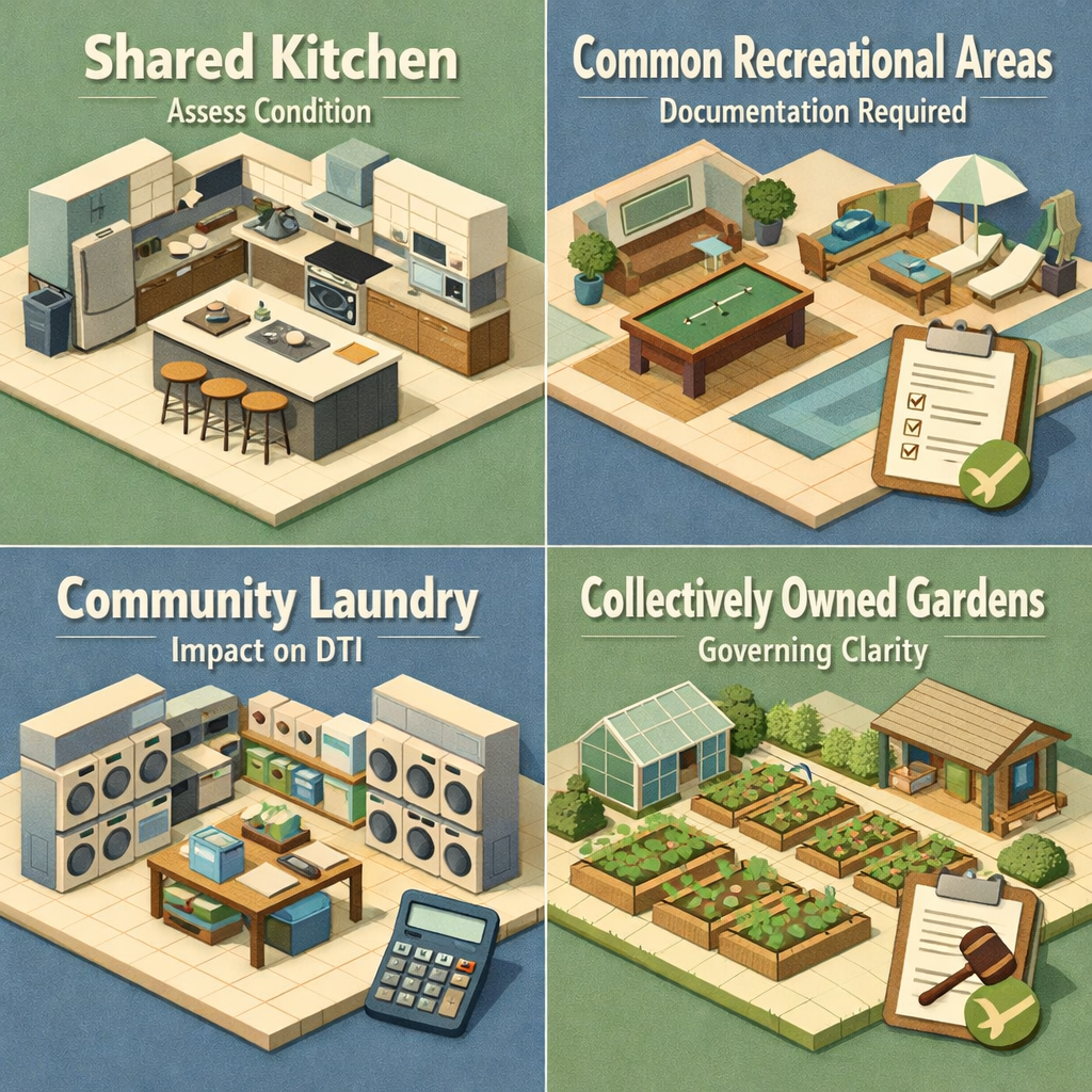 Infographic showing FHA loan application factors for co-housing: shared kitchen, recreational areas, laundry, and gardens.