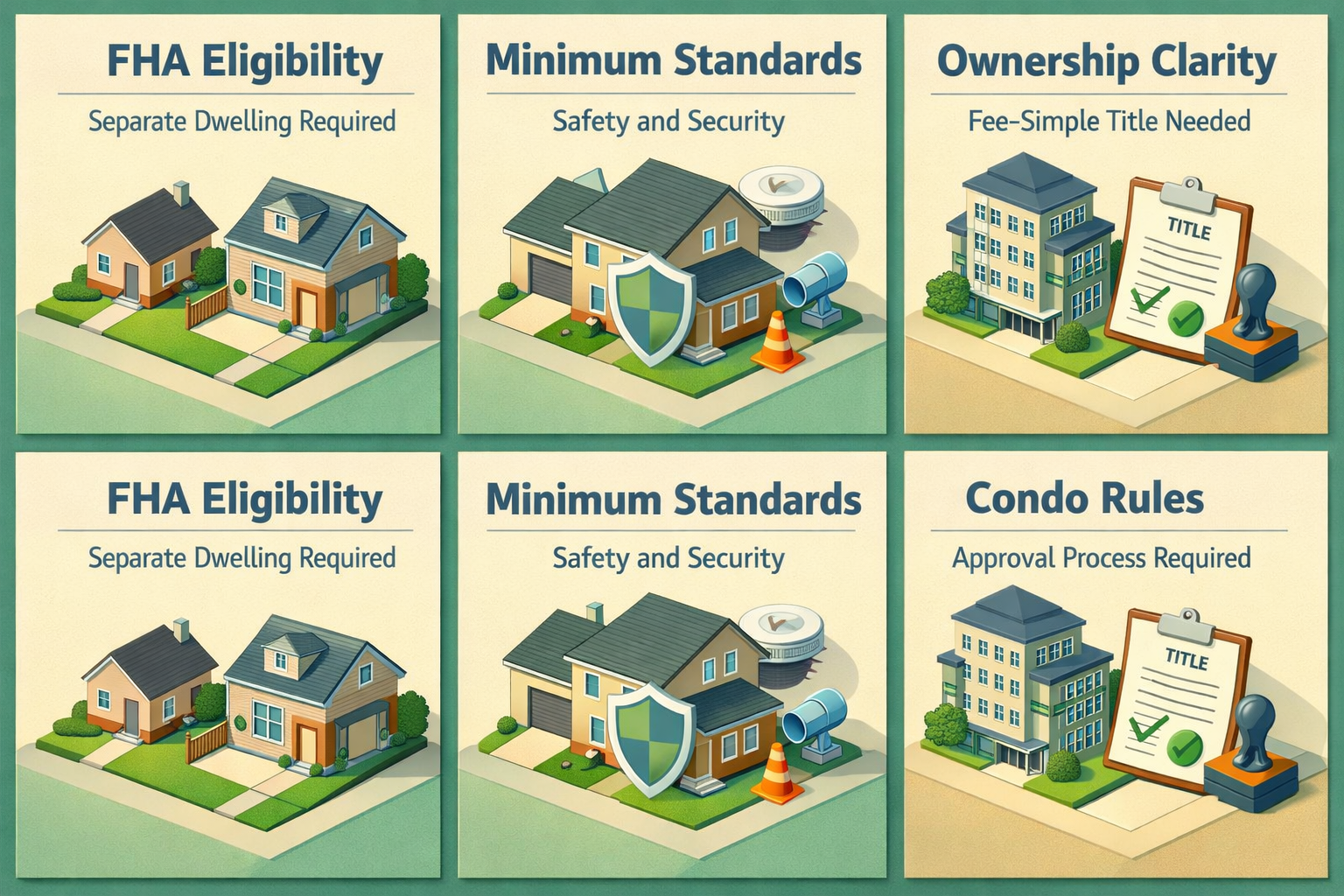 Infographic illustrating FHA eligibility rules for co-housing including separate dwelling, safety standards, ownership clarity, and condo rules.