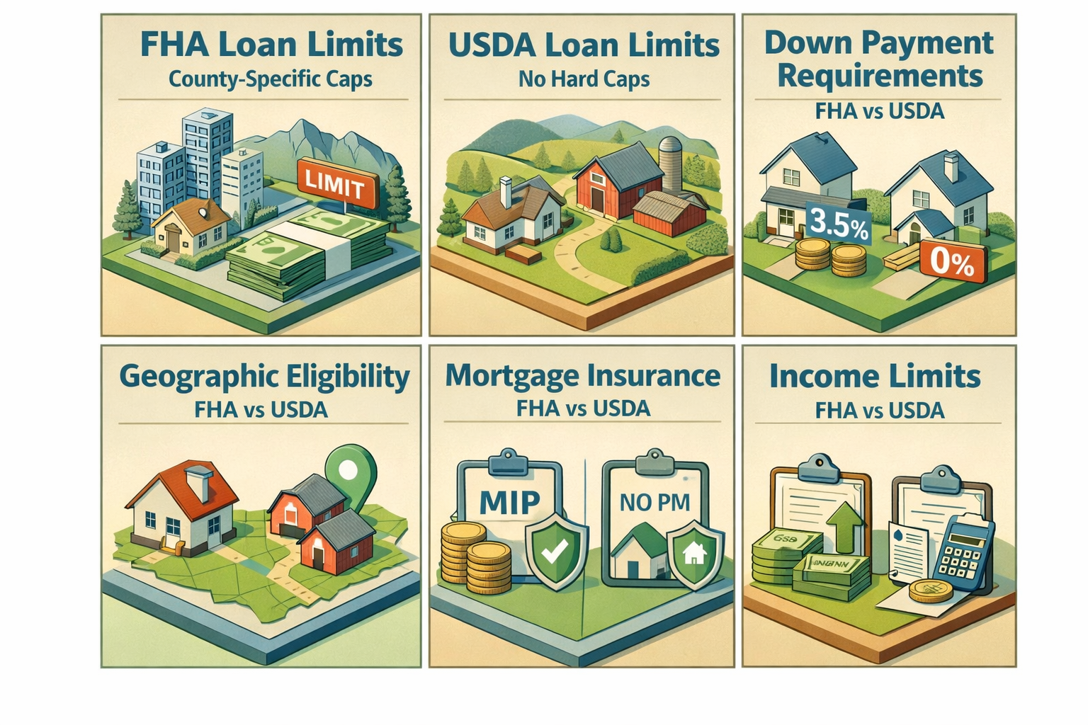 Comparison of FHA loan limits and USDA loan limits, including down payment, geographic eligibility, mortgage insurance, and income limits.