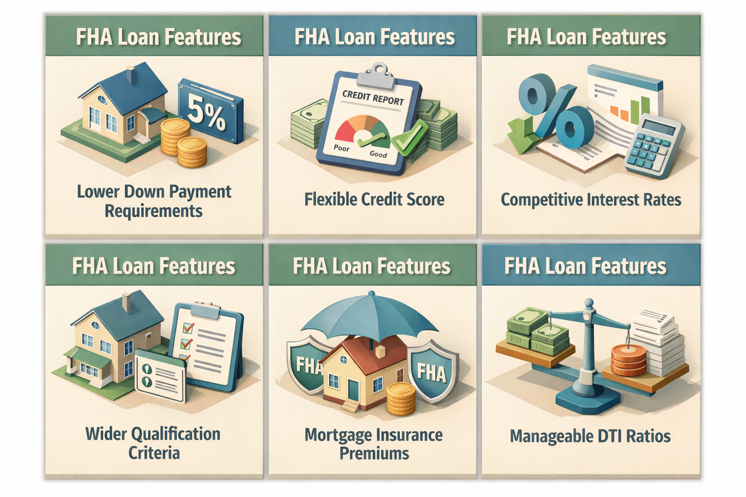 Infographic illustrating FHA loan features like lower down payment, flexible credit scores, competitive rates, and manageable DTI ratios.