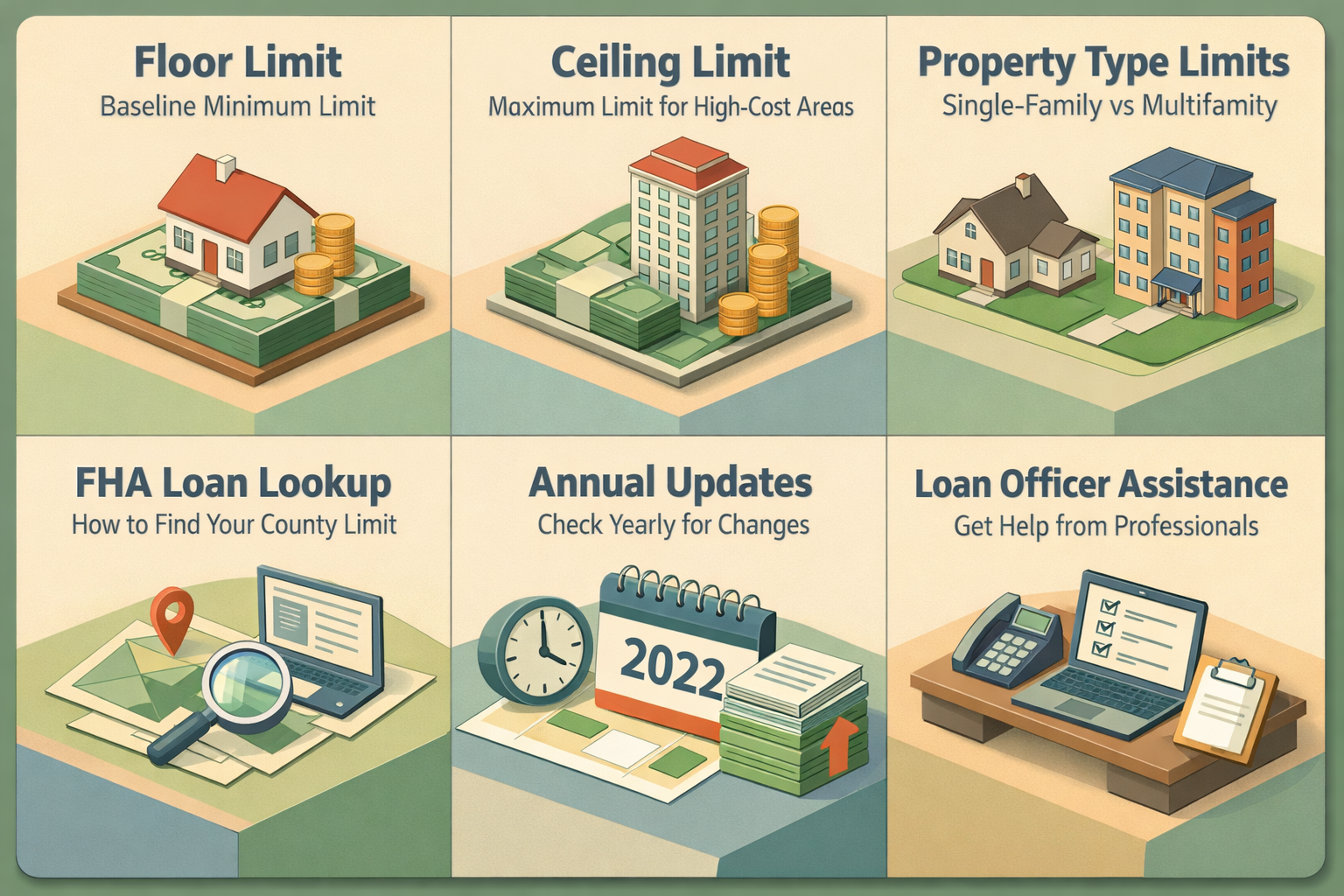 Infographic explaining FHA loan limits including floor limit, ceiling limit, property type limits, and how to look them up.