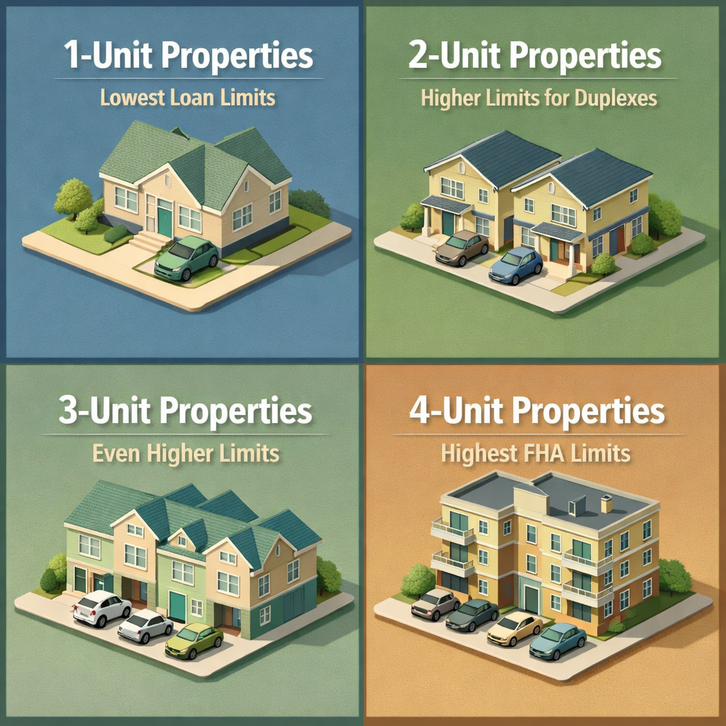 Infographic showing FHA loan limits for multi-unit properties: 1-unit, 2-unit, 3-unit, and 4-unit properties with their respective loan limits.