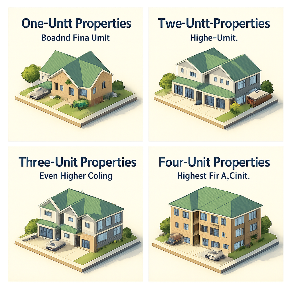 Infographic showing FHA loan limits for one-unit, two-unit, three-unit, and four-unit properties with their respective limits.