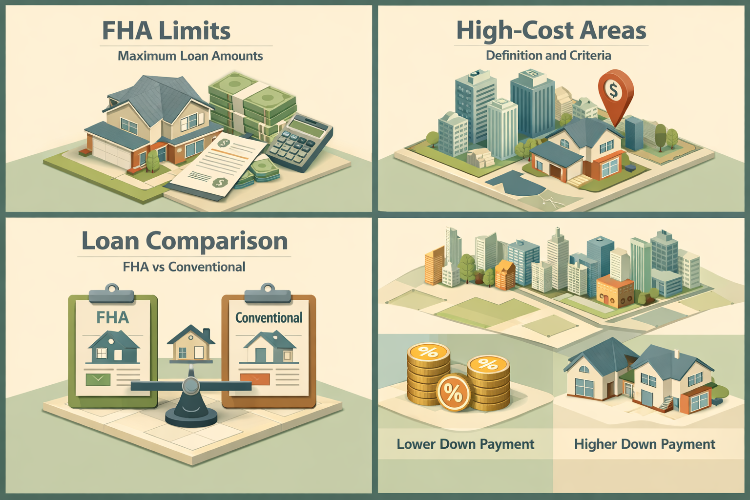 Infographic showing FHA loan limits, high-cost area definitions, and comparisons with conventional loans for homebuyers.