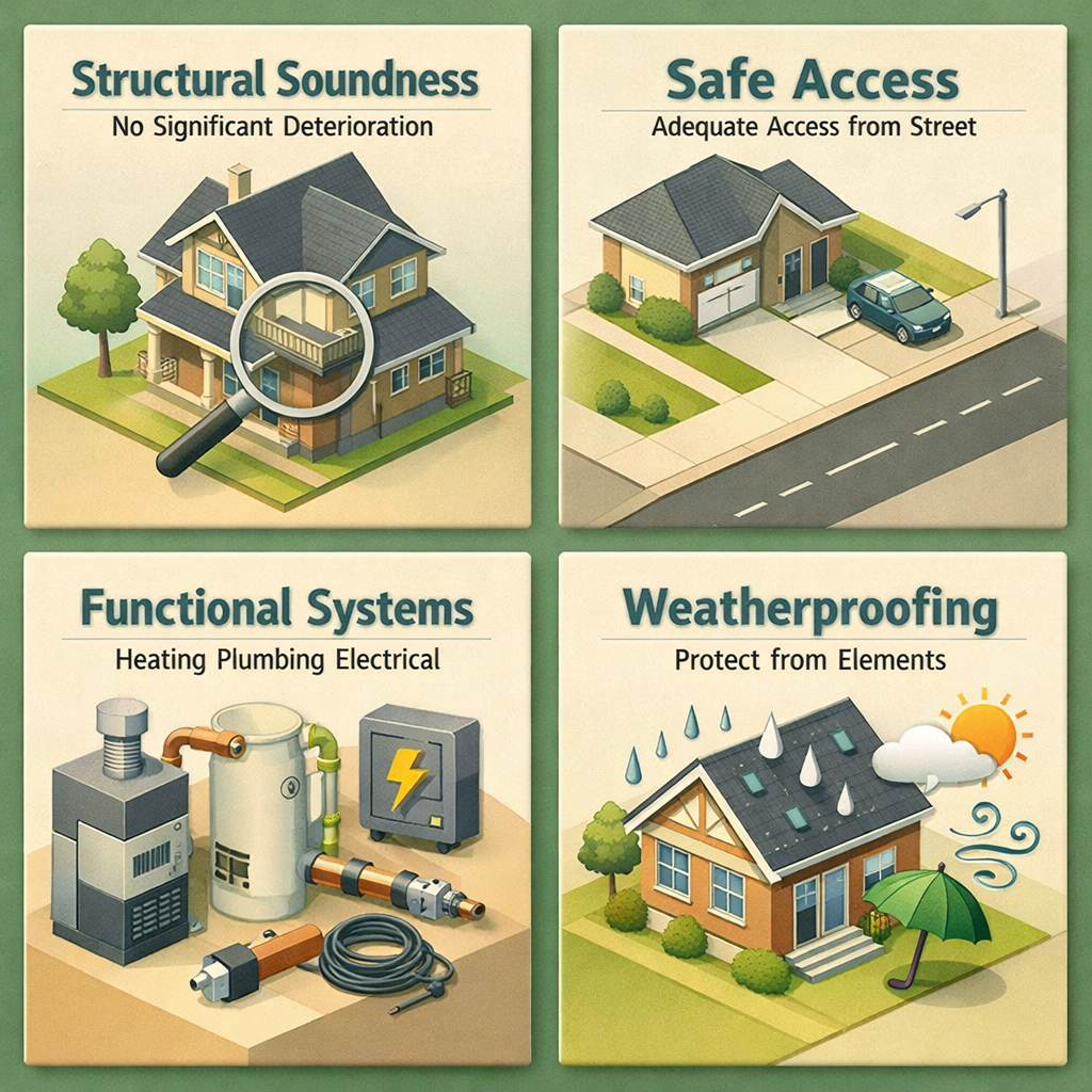 Infographic showing FHA loan eligibility requirements for dome homes including structural soundness, access, systems, and weatherproofing.