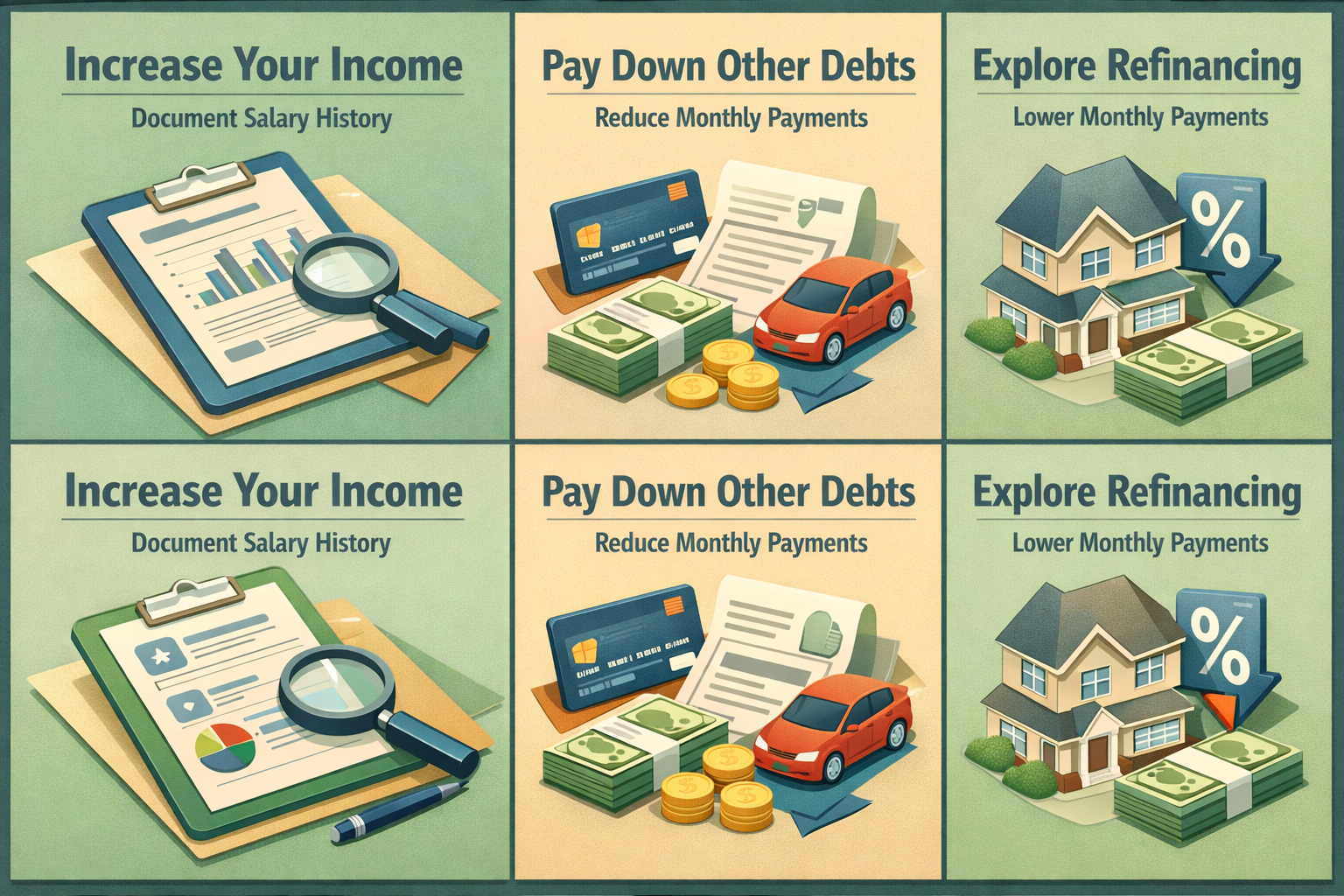 Infographic illustrating steps to strengthen FHA loan application with student loan debt: increase income, pay down debts, explore refinancing.