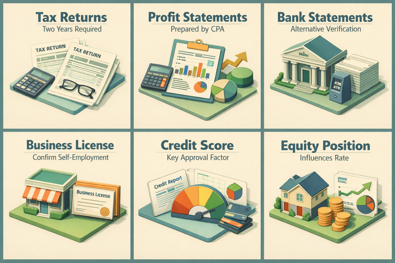Infographic showing key documentation for HELOC applications for self-employed borrowers including tax returns and credit score.