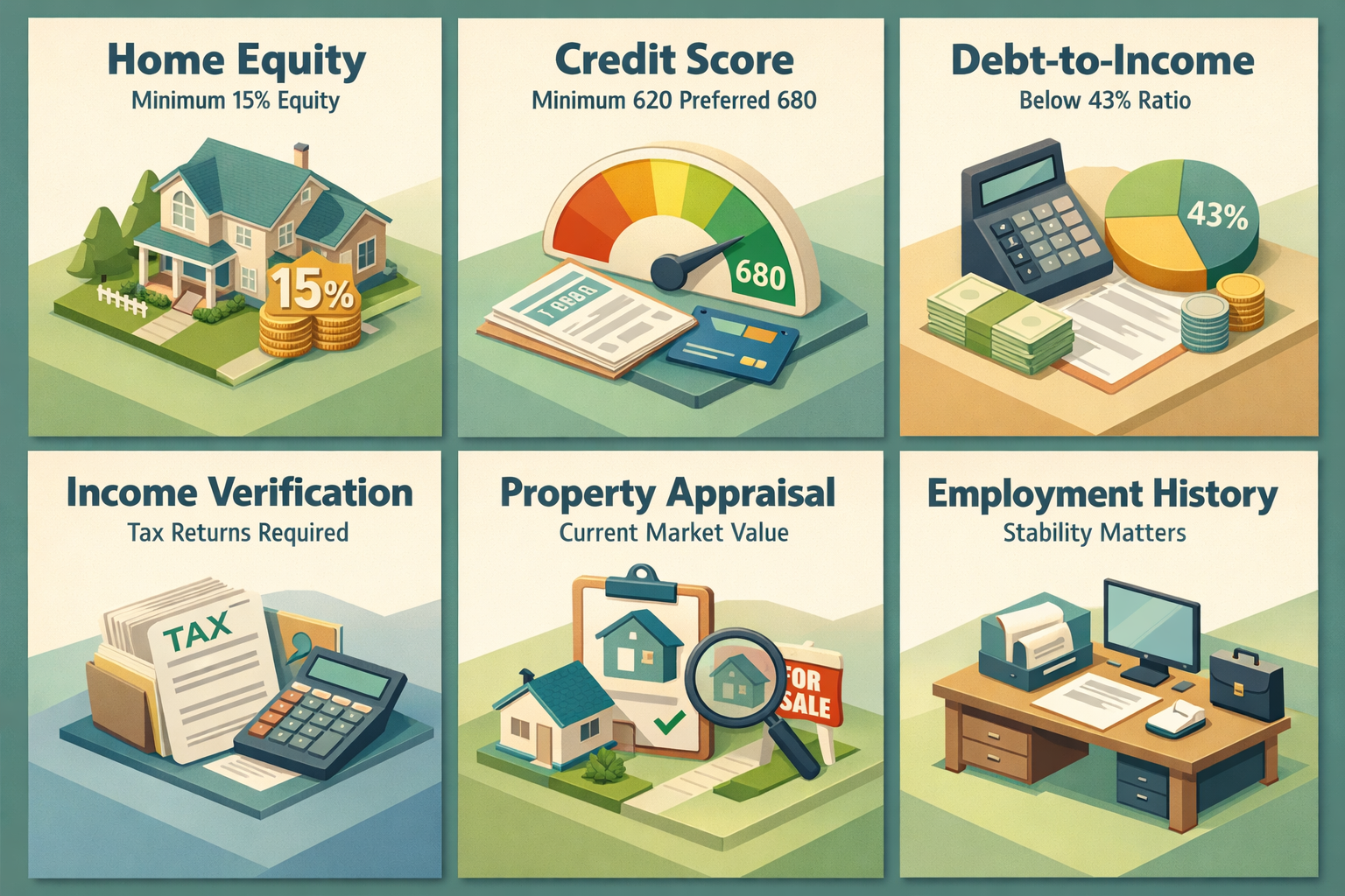 HELOC eligibility criteria infographic showing Home Equity, Credit Score, Debt-to-Income, Income Verification, Property Appraisal, and Employment History.