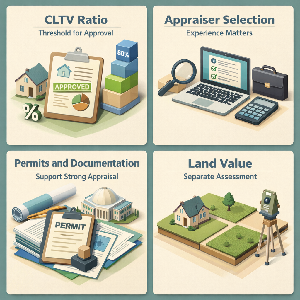 Infographic showing key factors for HELOC approval including CLTV ratio, appraiser selection, permits, and land value assessment.
