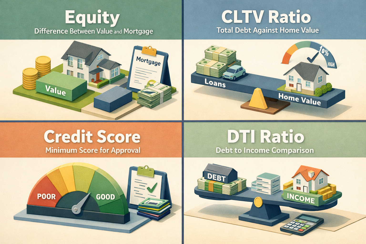 Infographic showing key equity, CLTV, credit score, and DTI ratio requirements for HELOC approval on properties with attached apartments.