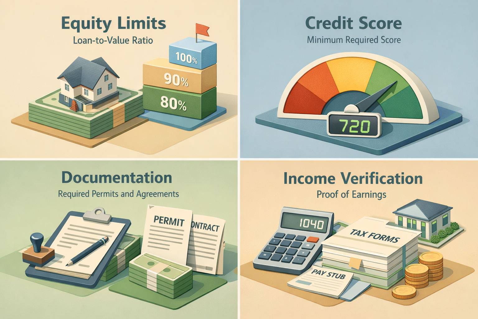Infographic detailing HELOC requirements including equity limits, credit score, and necessary documentation for in-law suites.