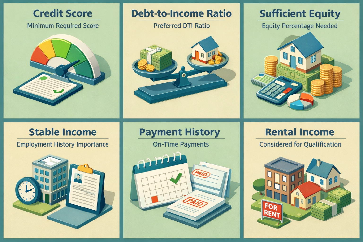 Infographic illustrating key credit and financial requirements for HELOC on ADU properties, including credit score and DTI ratio.
