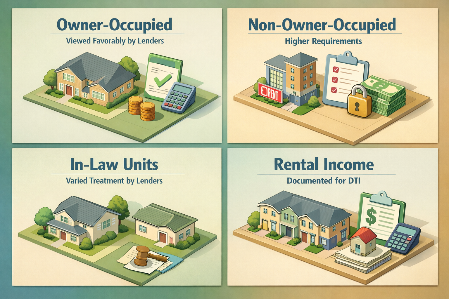 Infographic showing lender classifications for properties with duplex units, including owner-occupied, non-owner-occupied, in-law units, and rental income documentation.