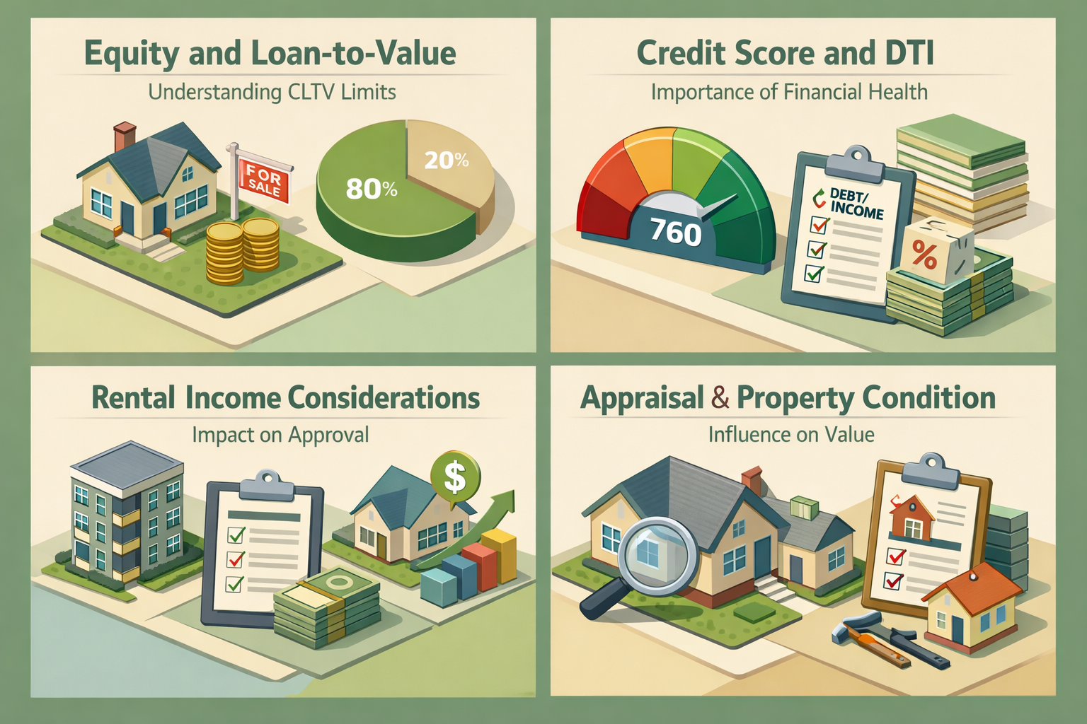 Infographic on HELOC requirements for properties with second units covering equity, credit score, rental income, and appraisal factors.