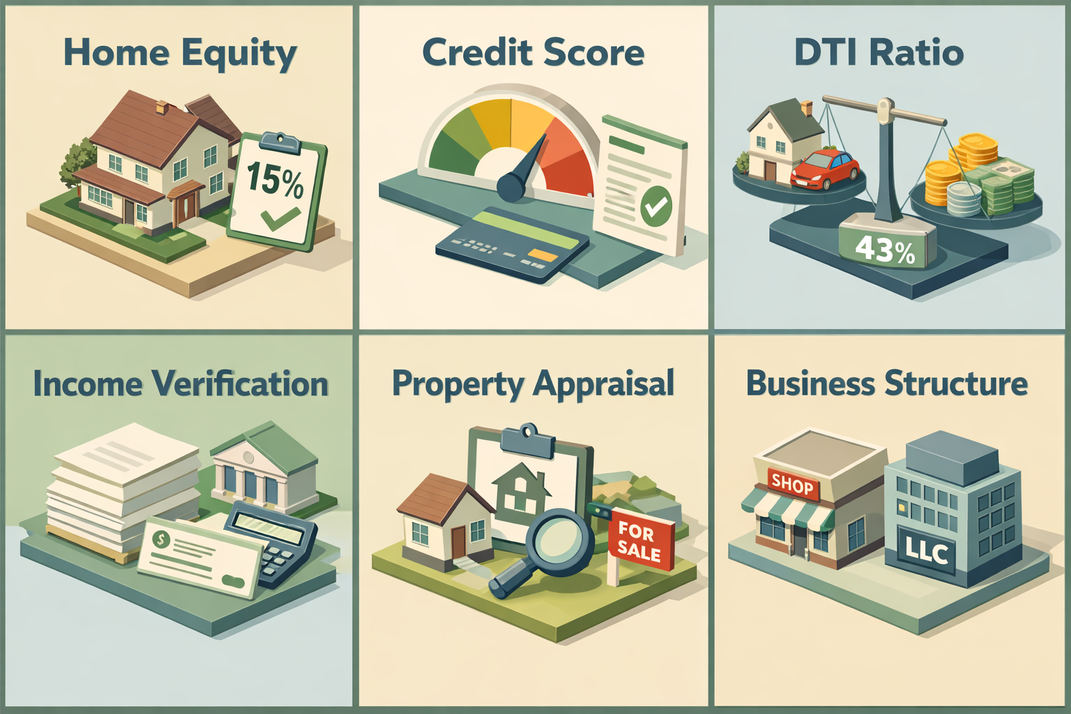 Infographic detailing HELOC eligibility standards including home equity, credit score, DTI ratio, income verification, appraisal, and business structure.