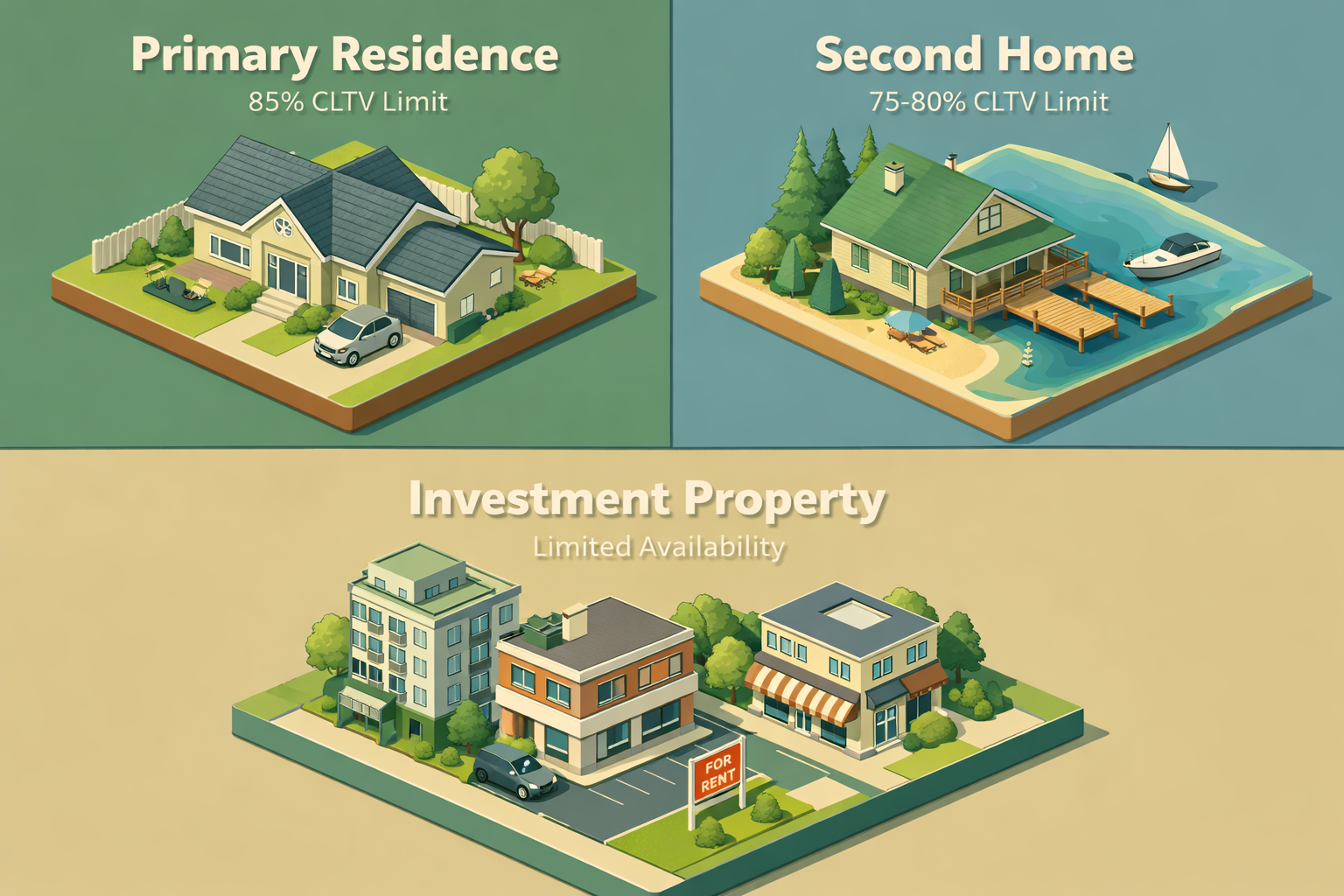 Infographic showing HELOC requirements for primary residence, second home, and investment property with CLTV limits.