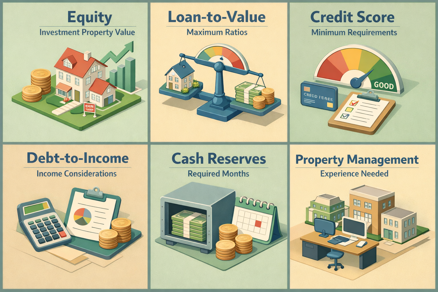 Infographic detailing equity, loan-to-value ratios, credit score, debt-to-income, cash reserves, and property management for HELOCs.